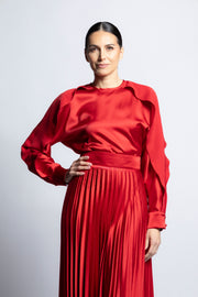 VESTIDO PLISADO CON MANGA OLÁN ROJO