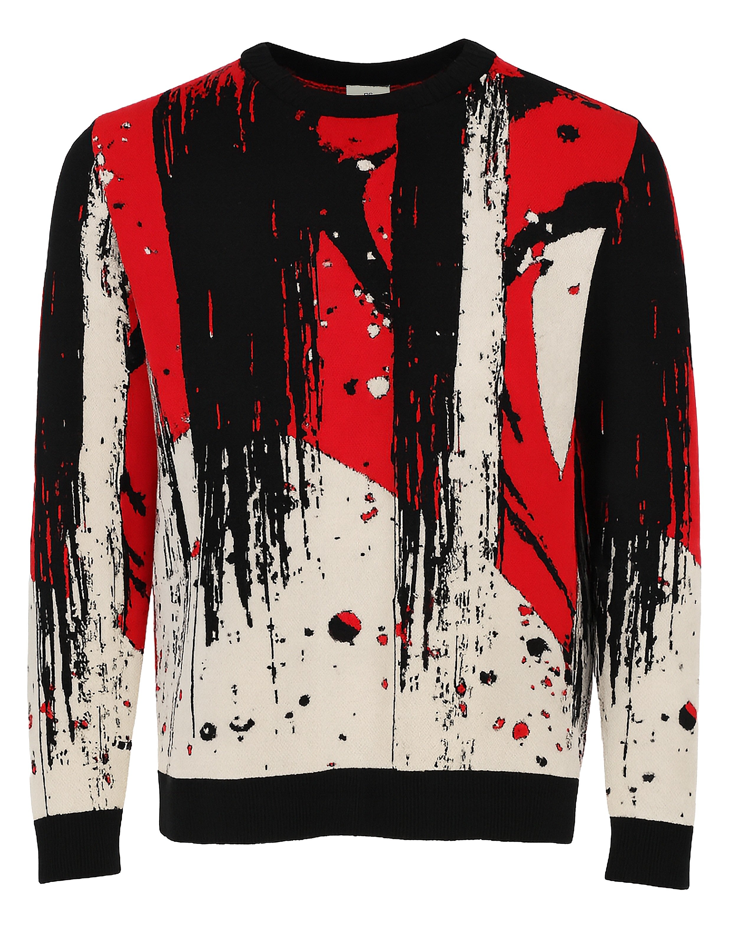 Suéter de cuello redondo para hombre de la colección Otoño-Invierno de Benito Santos, con diseño artístico abstracto en colores negro, rojo y crema.
