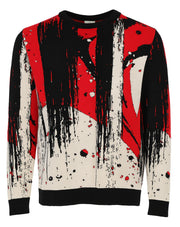 Suéter de cuello redondo para hombre de la colección Otoño-Invierno de Benito Santos, con diseño artístico abstracto en colores negro, rojo y crema.