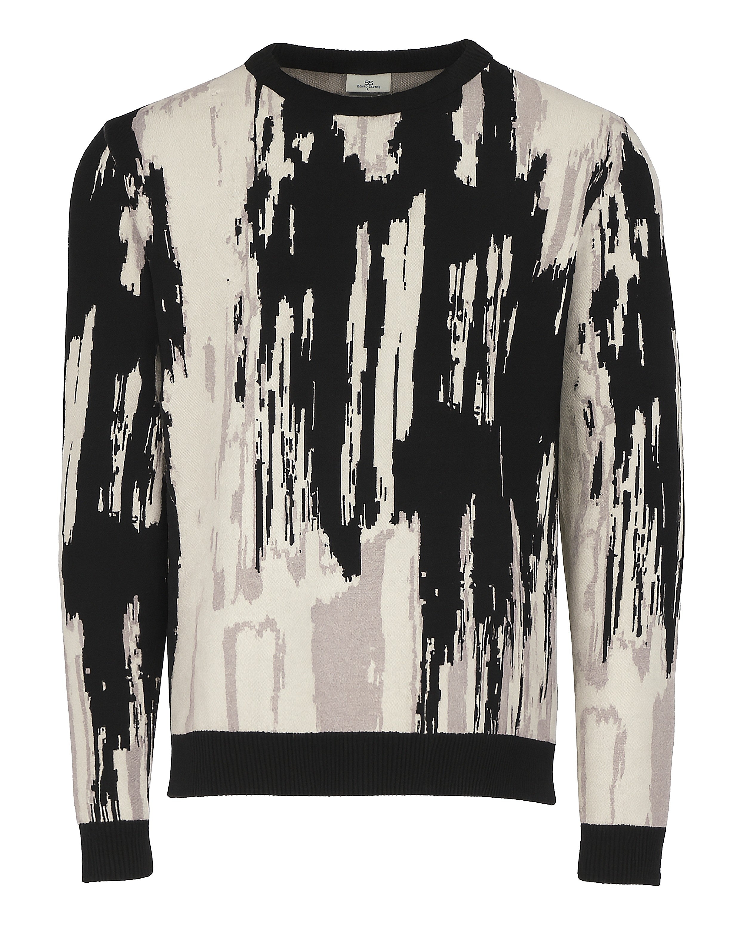 Suéter de cuello redondo para hombre de la colección Otoño-Invierno de Benito Santos, con diseño artístico abstracto en colores negro, gris y crema.