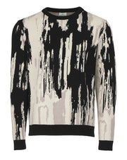 Suéter de cuello redondo para hombre de la colección Otoño-Invierno de Benito Santos, con diseño artístico abstracto en colores negro, gris y crema.