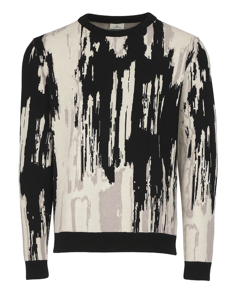 Suéter de cuello redondo para hombre de la colección Otoño-Invierno de Benito Santos, con diseño artístico abstracto en colores negro, gris y crema.
