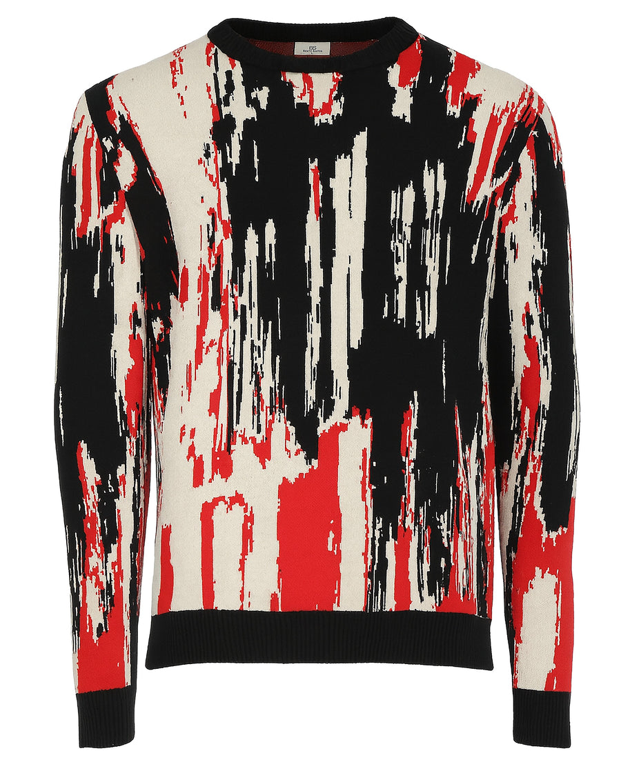 Suéter de cuello redondo para hombre de la colección Otoño-Invierno de Benito Santos, con diseño artístico abstracto en colores negro, rojo y crema.