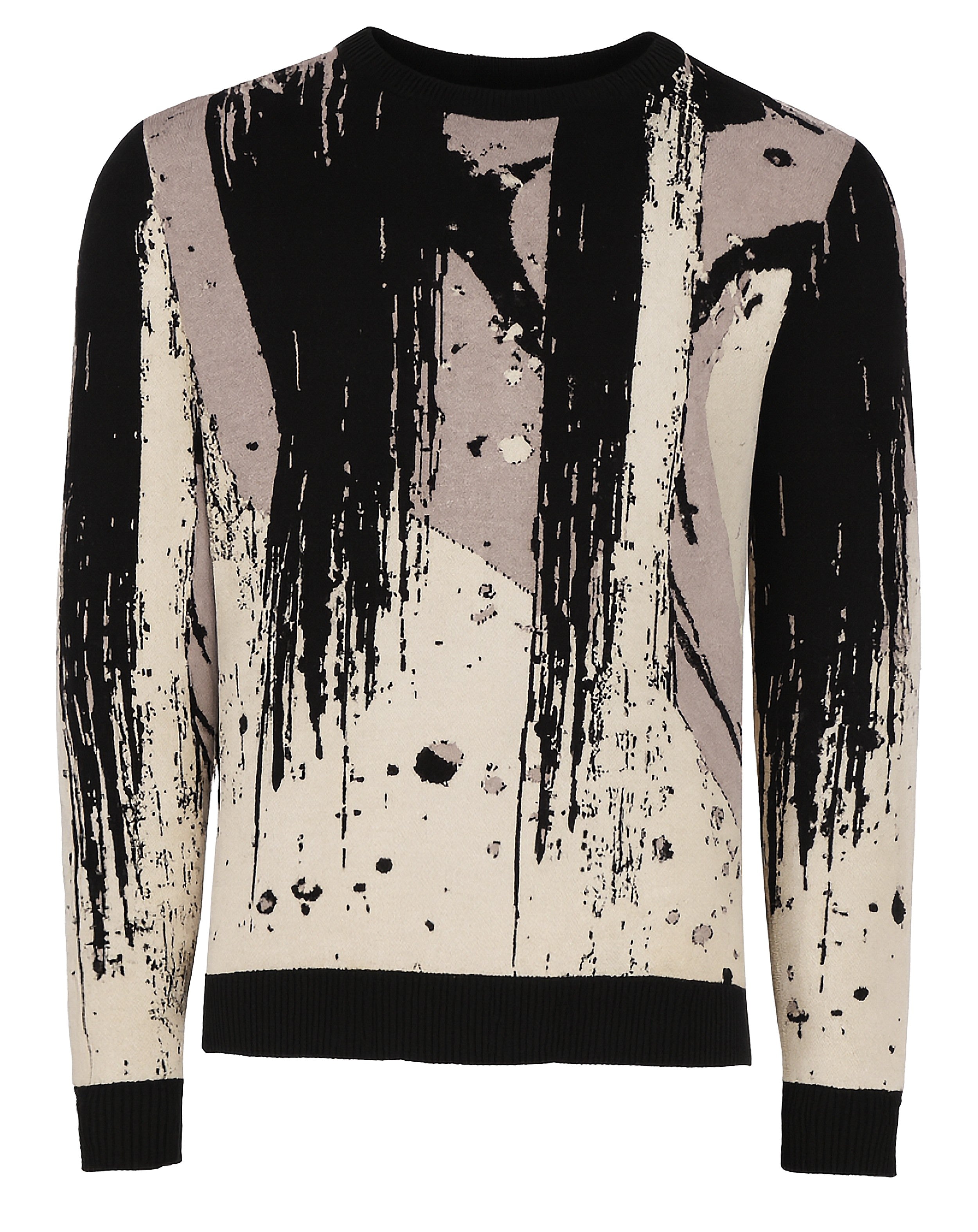 Suéter de cuello redondo para hombre de la colección Otoño-Invierno de Benito Santos, con diseño artístico abstracto en colores negro, rosa y crema.