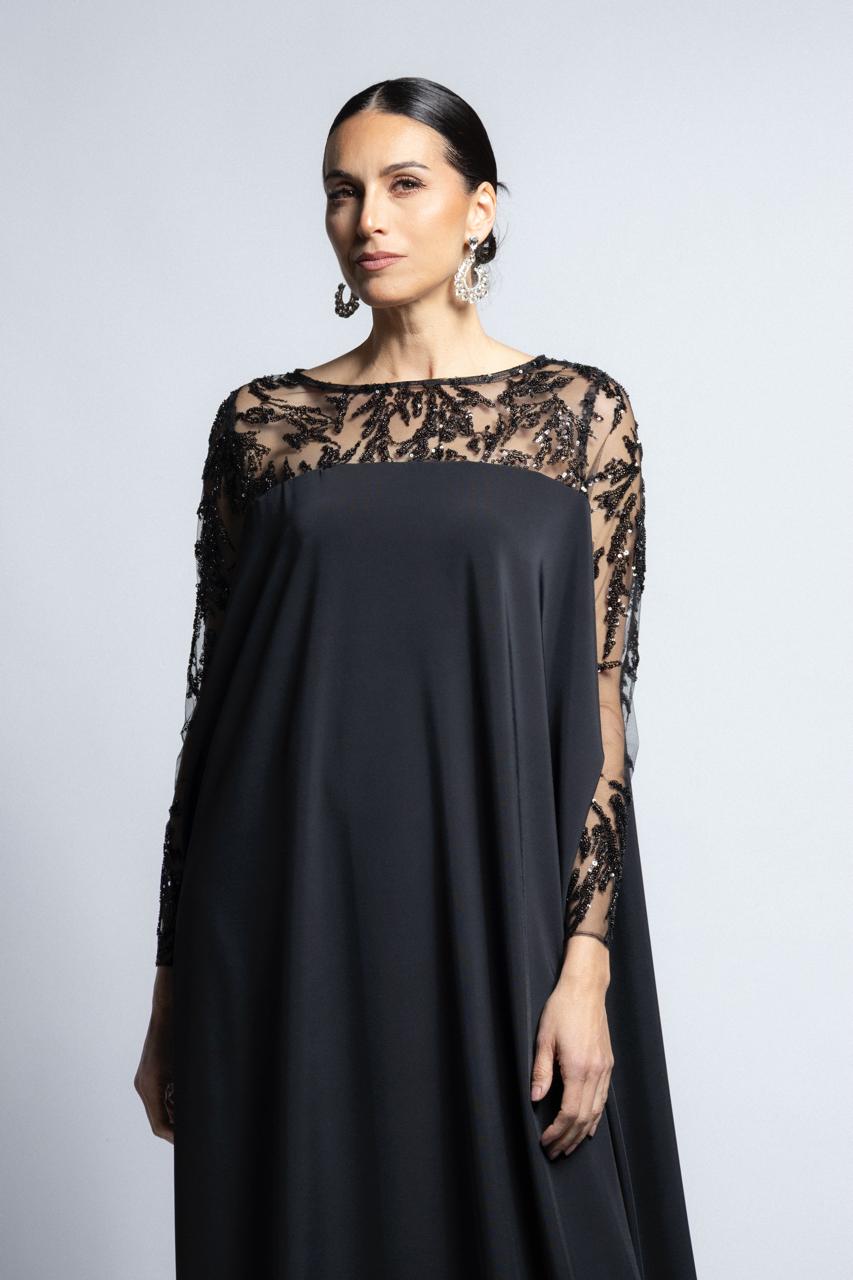 VESTIDO CEREMONIA COLUMNA CON BATA ENCAJE NEGRO